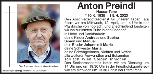 Traueranzeige von Anton Preindl von Dolomiten