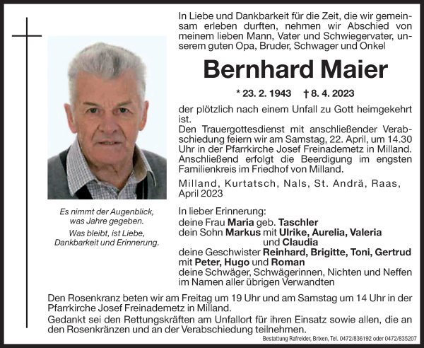 Traueranzeige von Bernhard Maier von Dolomiten