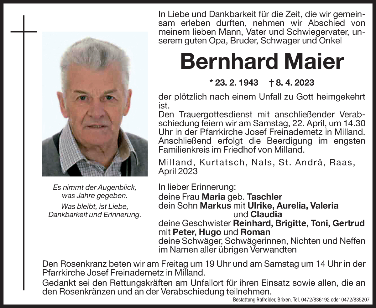  Traueranzeige für Bernhard Maier vom 21.04.2023 aus Dolomiten