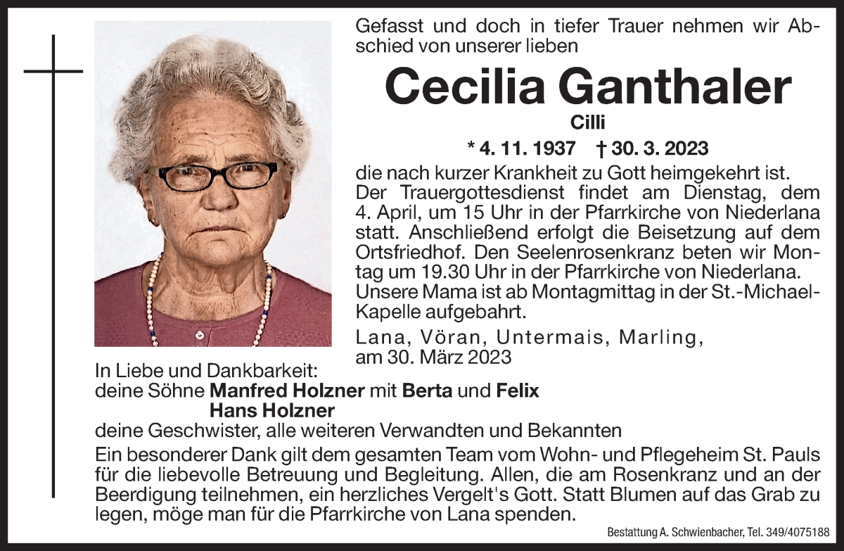  Traueranzeige für Cecilia Ganthaler vom 01.04.2023 aus Dolomiten