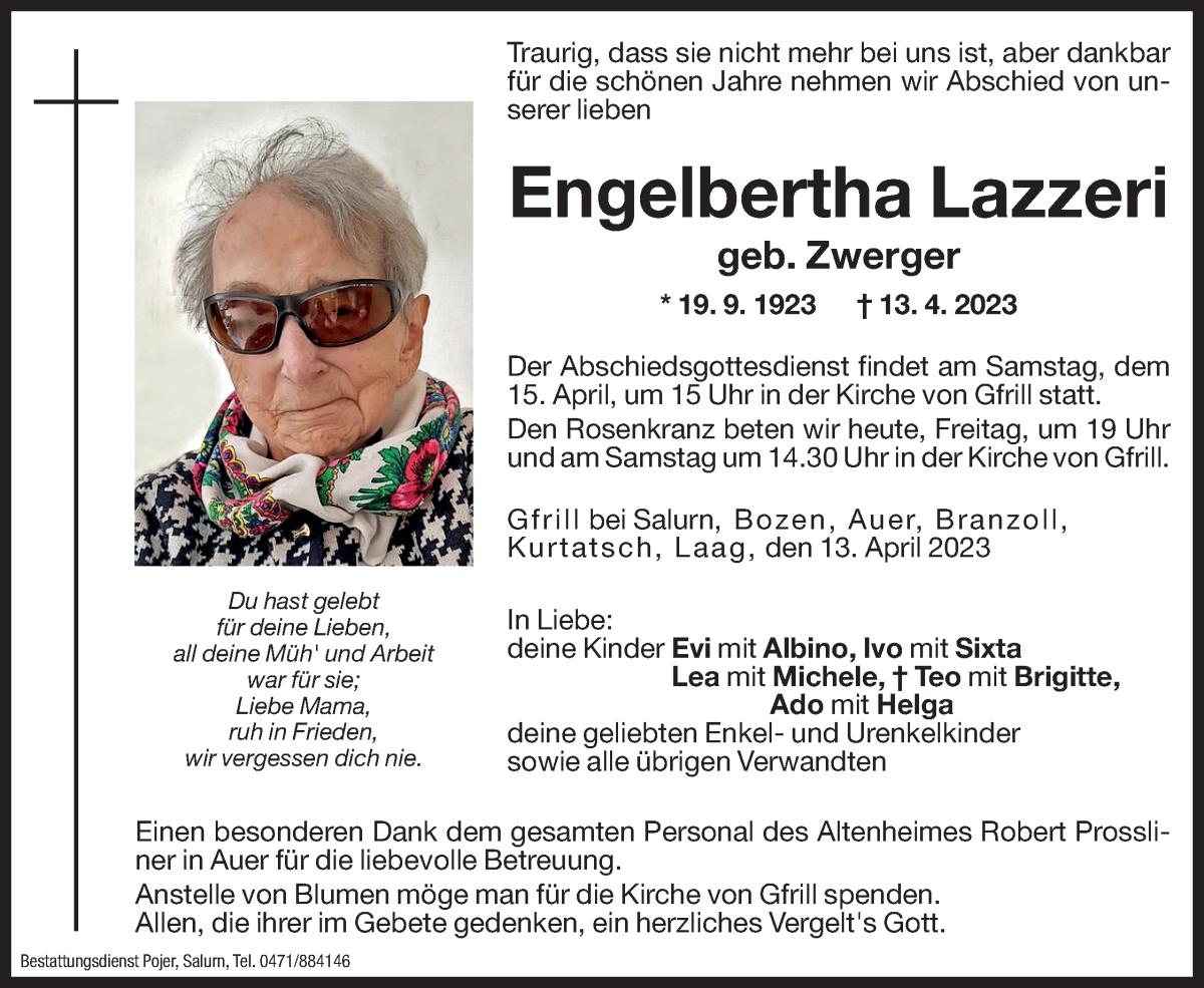  Traueranzeige für Engelbertha Lazzeri vom 14.04.2023 aus Dolomiten