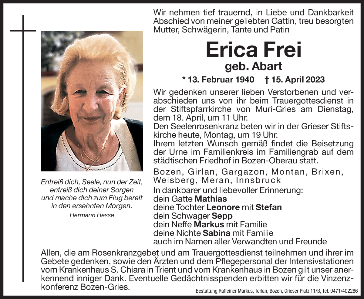  Traueranzeige für Erica Frei vom 17.04.2023 aus Dolomiten