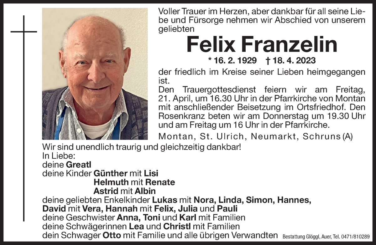  Traueranzeige für Felix Franzelin vom 20.04.2023 aus Dolomiten