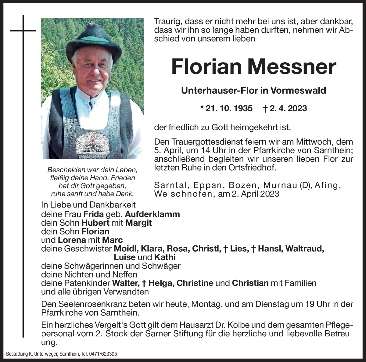  Traueranzeige für Florian Messner vom 03.04.2023 aus Dolomiten
