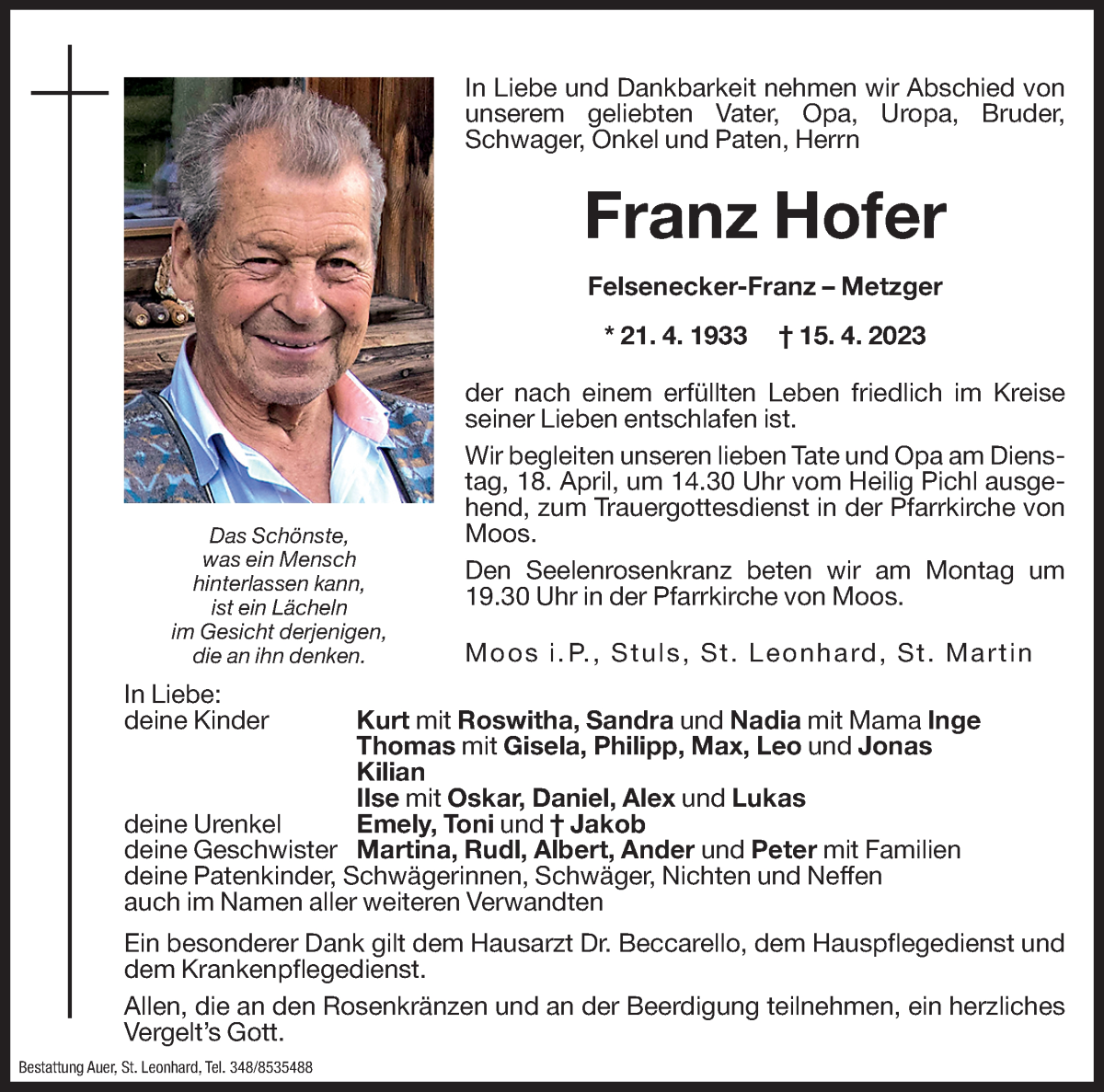  Traueranzeige für Franz Hofer vom 17.04.2023 aus Dolomiten