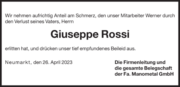 Traueranzeige von Giuseppe Rossi von Dolomiten