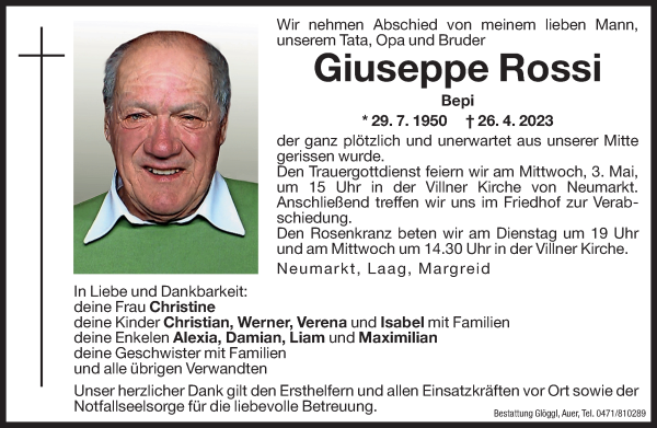 Traueranzeige von Giuseppe Rossi von Dolomiten