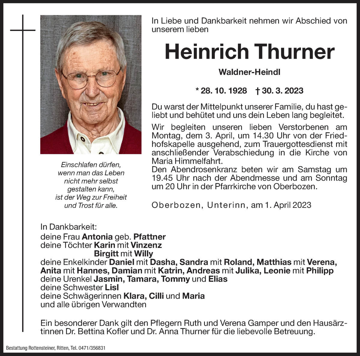  Traueranzeige für Heinrich Thurner vom 01.04.2023 aus Dolomiten