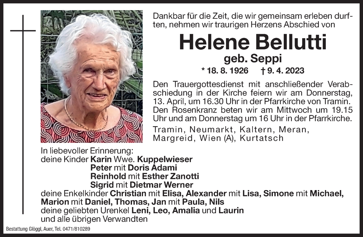  Traueranzeige für Helene Bellutti vom 12.04.2023 aus Dolomiten