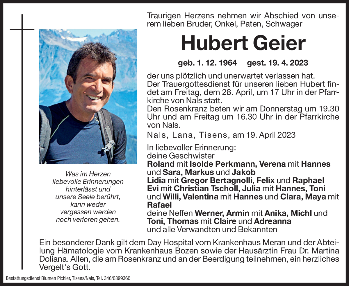  Traueranzeige für Hubert Geier vom 26.04.2023 aus Dolomiten