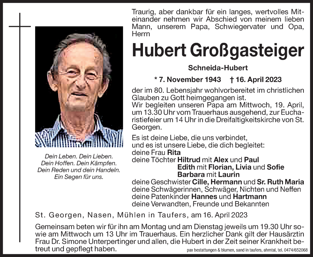  Traueranzeige für Hubert Großgasteiger vom 17.04.2023 aus Dolomiten