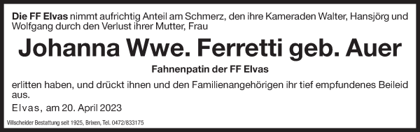 Traueranzeige von Johanna Ferretti von Dolomiten