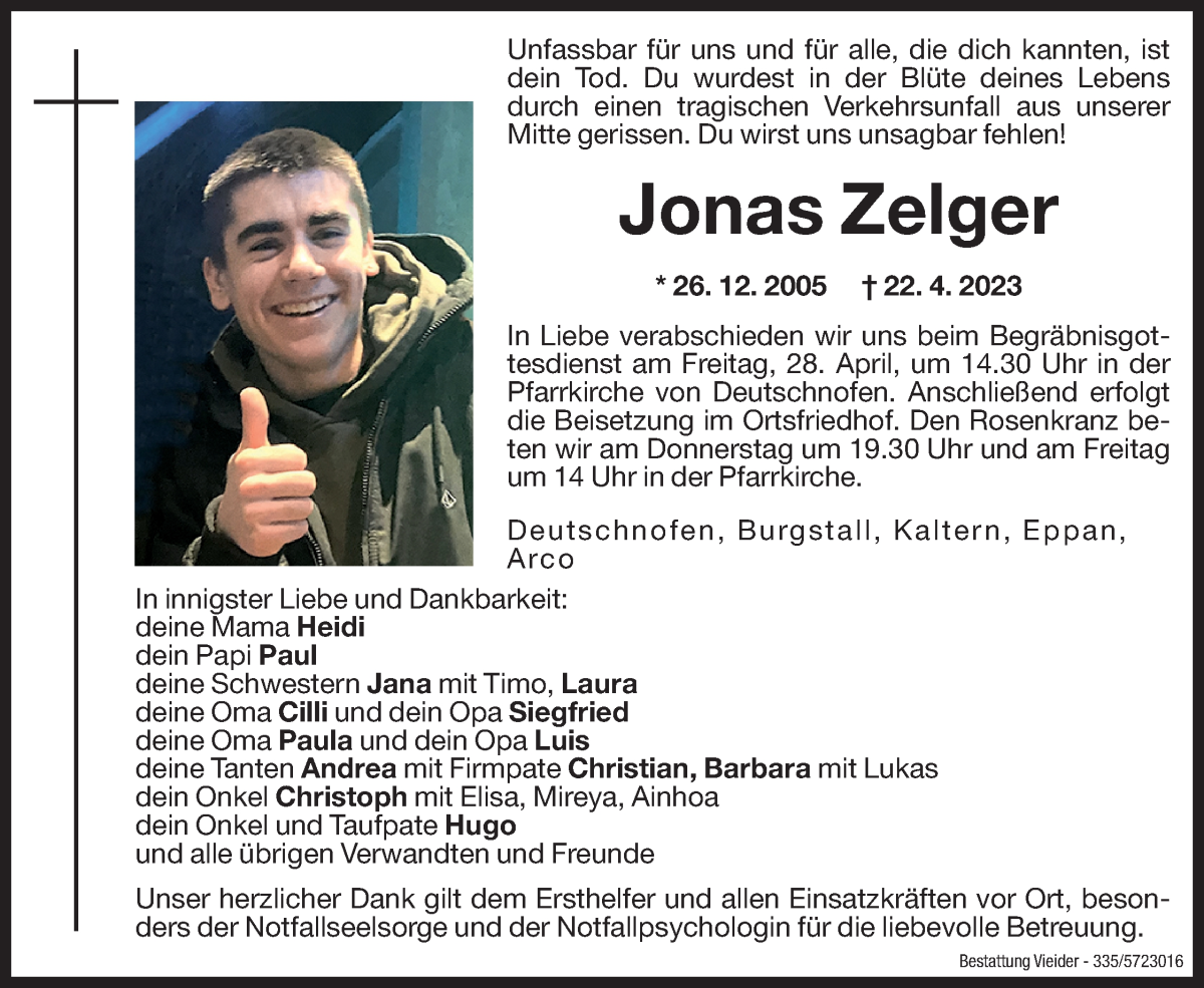  Traueranzeige für Jonas Zelger vom 27.04.2023 aus Dolomiten