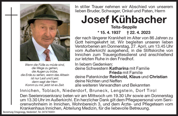 Traueranzeige von Josef Kühbacher von Dolomiten