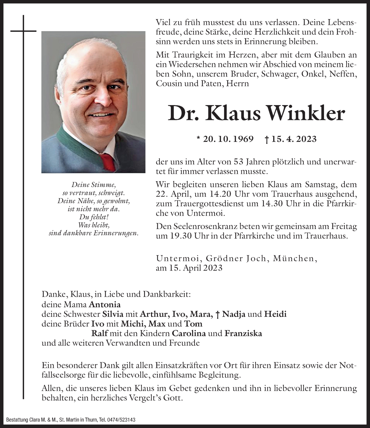  Traueranzeige für Klaus Winkler vom 21.04.2023 aus Dolomiten