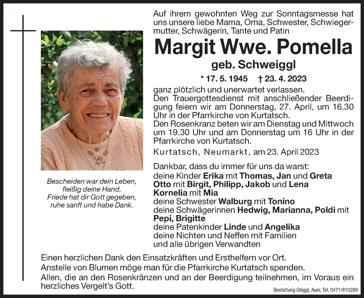  Traueranzeige für Margit Pomella vom 24.04.2023 aus Dolomiten