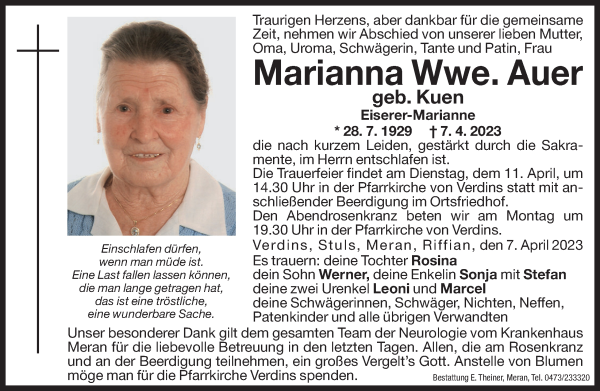 Traueranzeige von Marianna Auer von Dolomiten