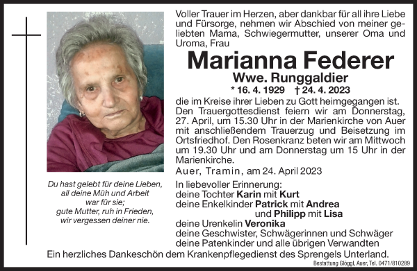 Traueranzeige von Marianna Runggaldier von Dolomiten