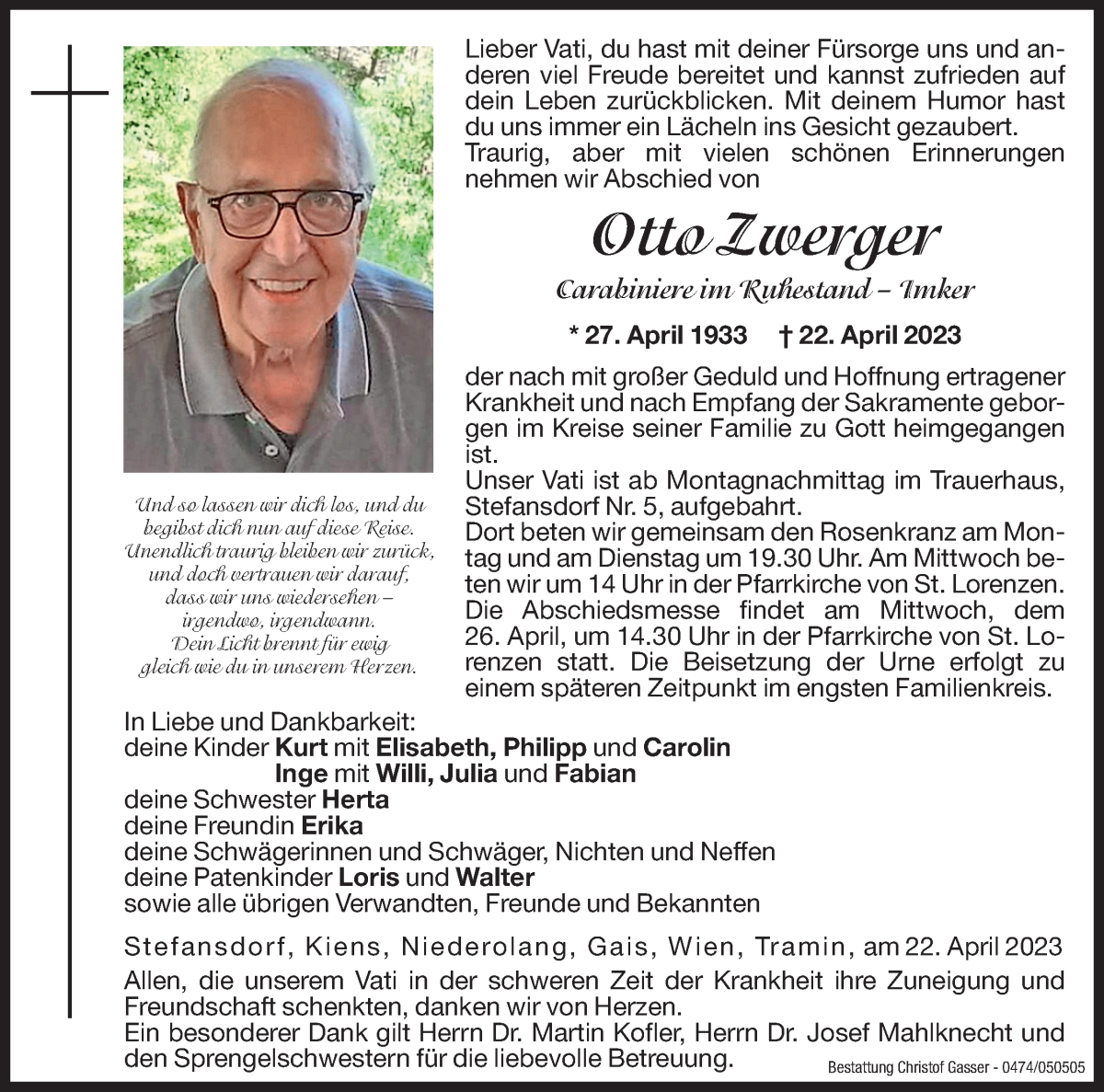  Traueranzeige für Otto Zwerger vom 24.04.2023 aus Dolomiten