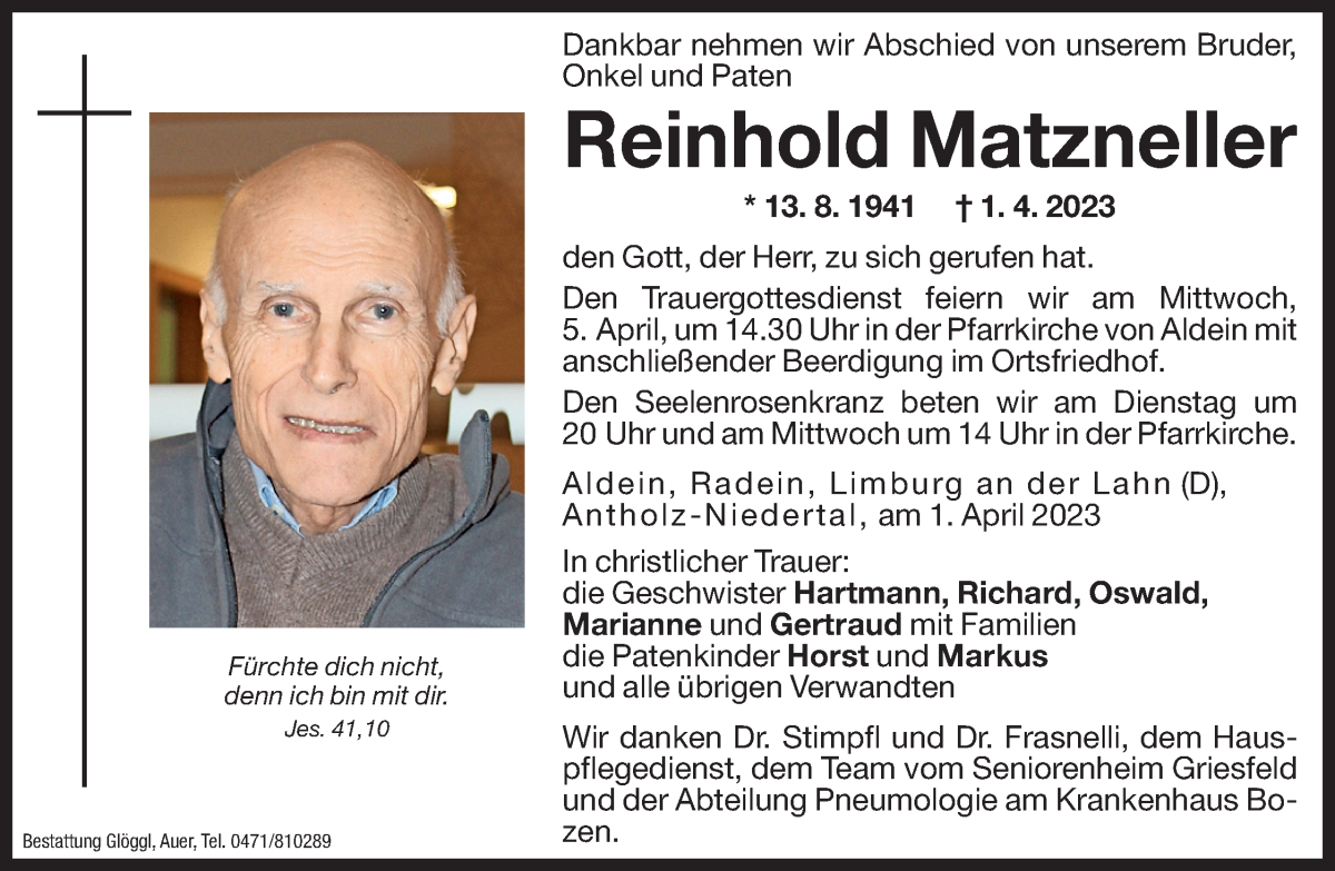  Traueranzeige für Reinhold Matzneller vom 04.04.2023 aus Dolomiten