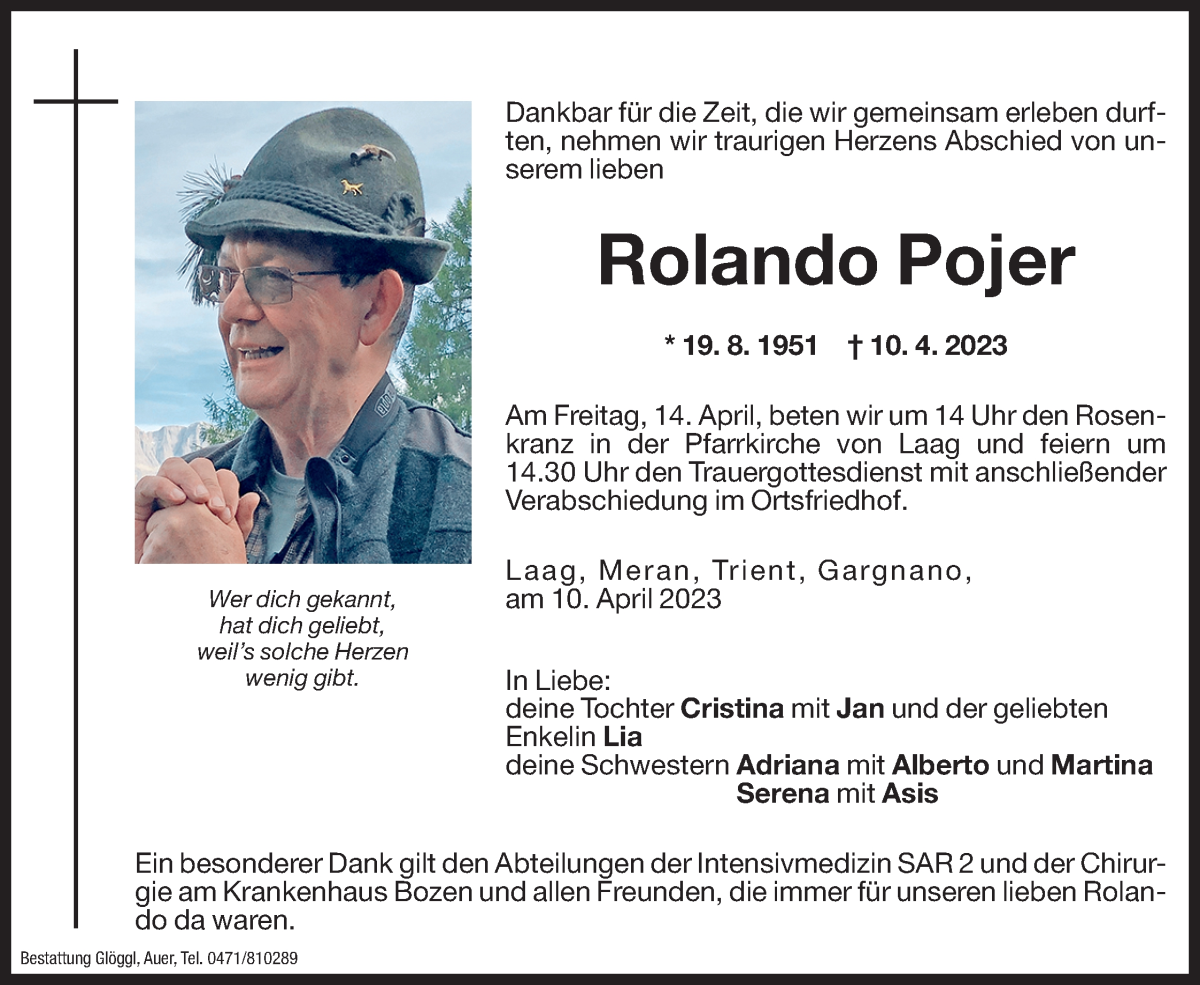  Traueranzeige für Rolando Pojer vom 12.04.2023 aus Dolomiten