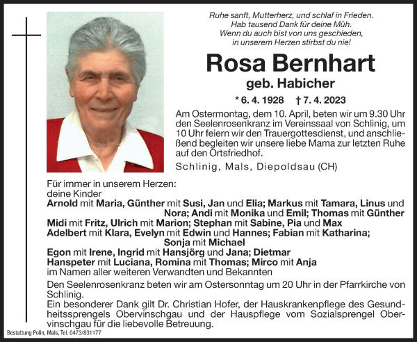 Traueranzeige von Rosa Bernhart von Dolomiten