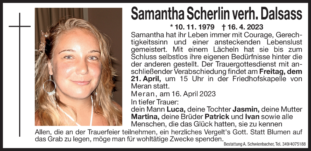  Traueranzeige für Samantha Dalsass vom 20.04.2023 aus Dolomiten