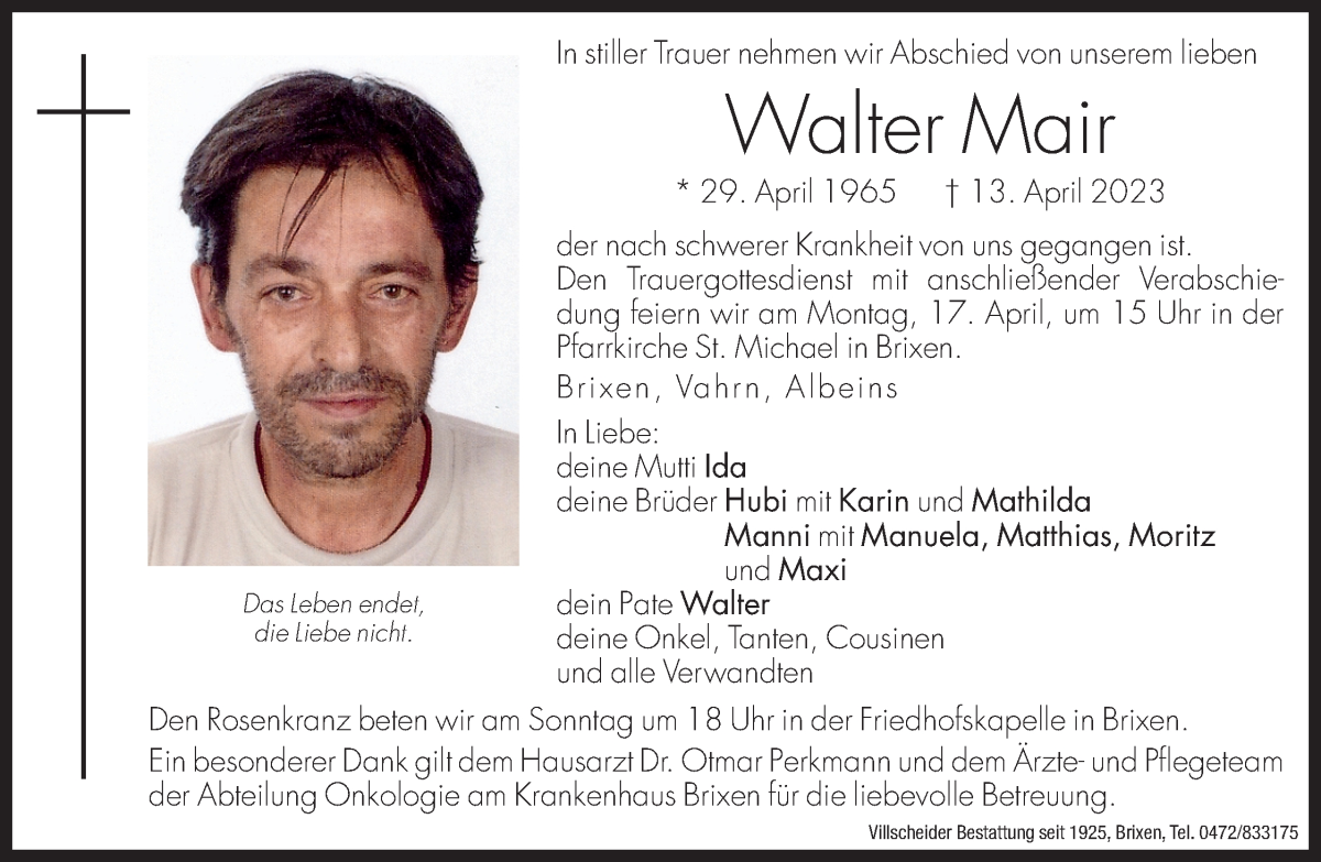  Traueranzeige für Walter Mair vom 15.04.2023 aus Dolomiten