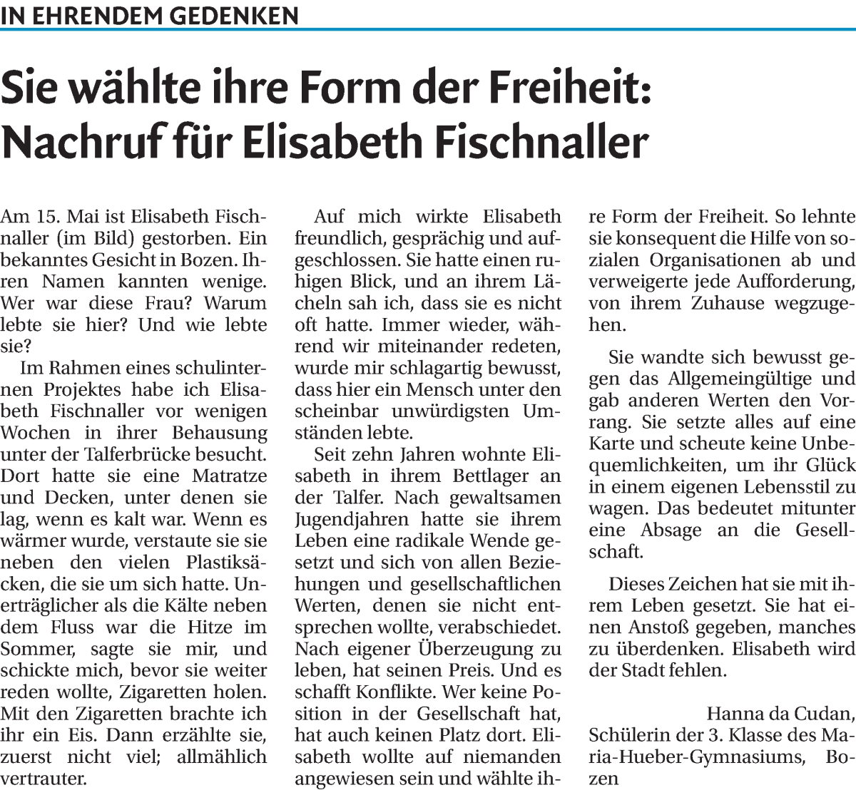  Traueranzeige für Elisabeth Fischnaller vom 23.05.2014 aus Dolomiten