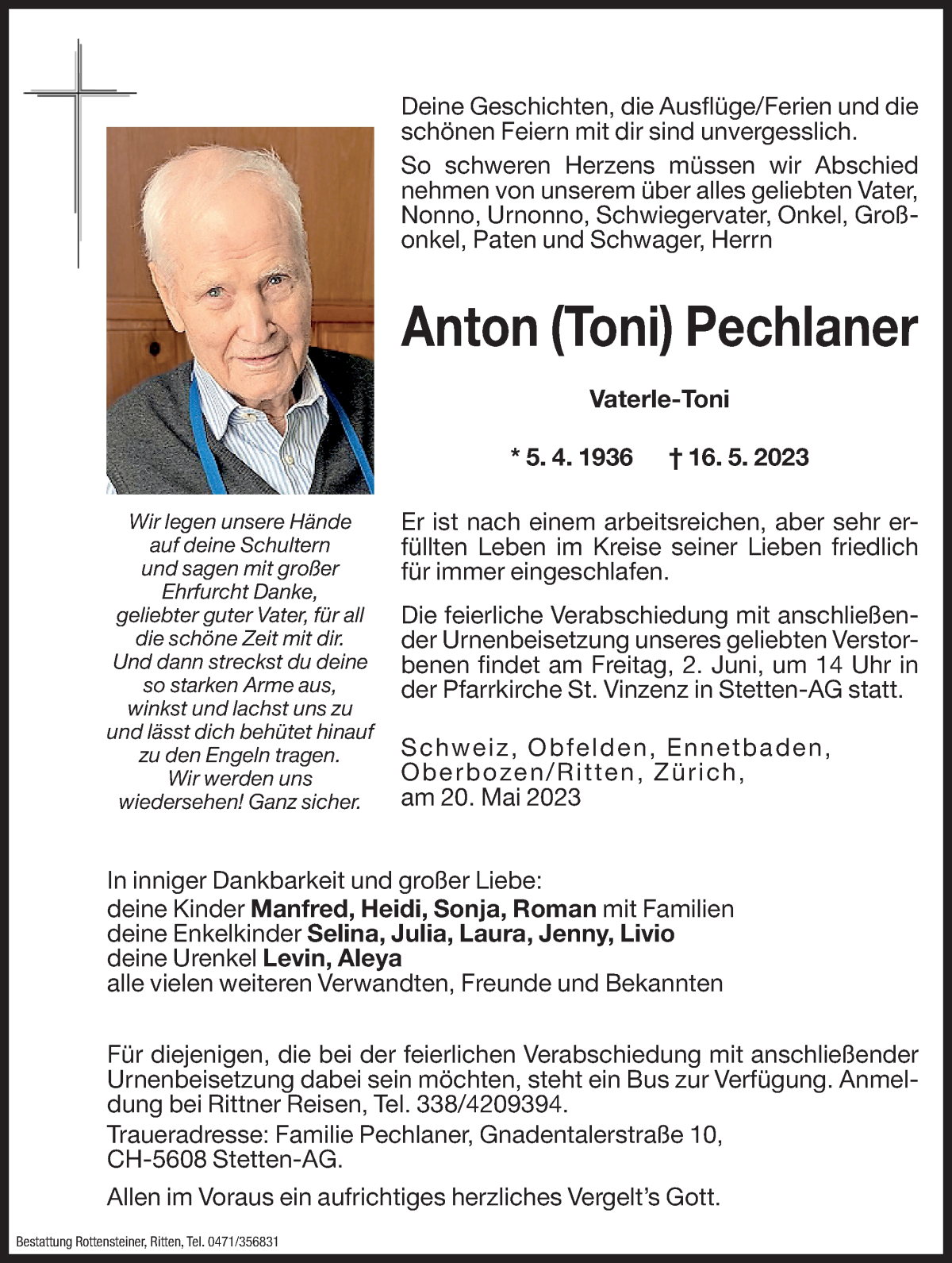  Traueranzeige für Anton (Toni) Pechlaner vom 20.05.2023 aus Dolomiten