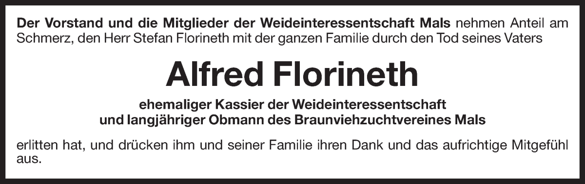  Traueranzeige für Alfred Florineth vom 19.05.2023 aus Dolomiten