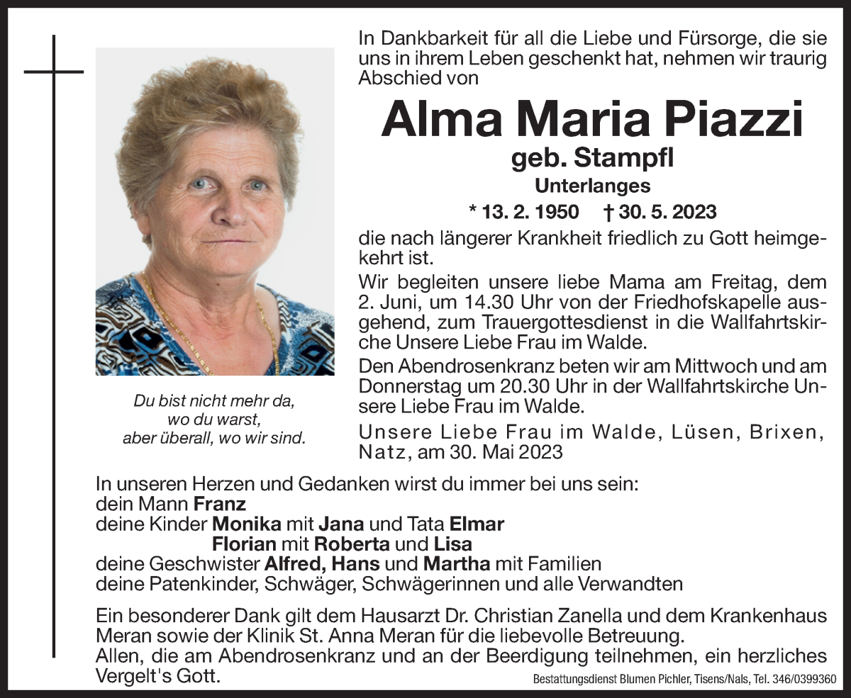  Traueranzeige für Alma Maria Piazzi vom 31.05.2023 aus Dolomiten