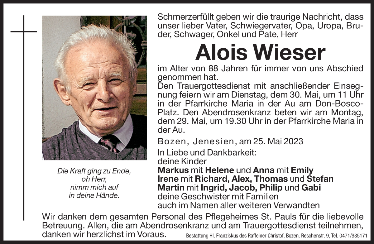  Traueranzeige für Alois Wieser vom 27.05.2023 aus Dolomiten