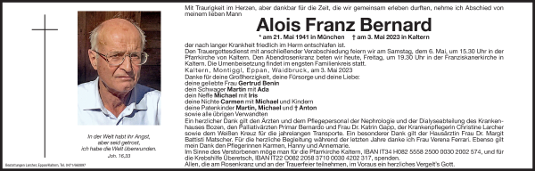 Traueranzeige von Alois Franz Bernard von Dolomiten