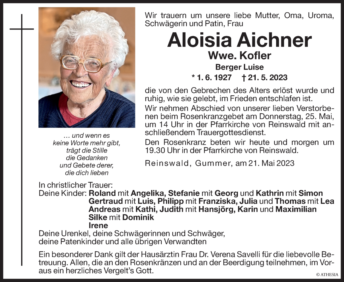  Traueranzeige für Aloisia Kofler vom 23.05.2023 aus Dolomiten