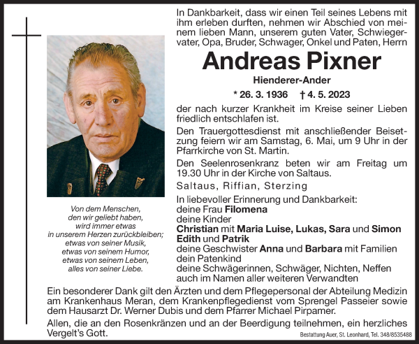 Traueranzeigen Von Andreas Pixner Trauer Bz