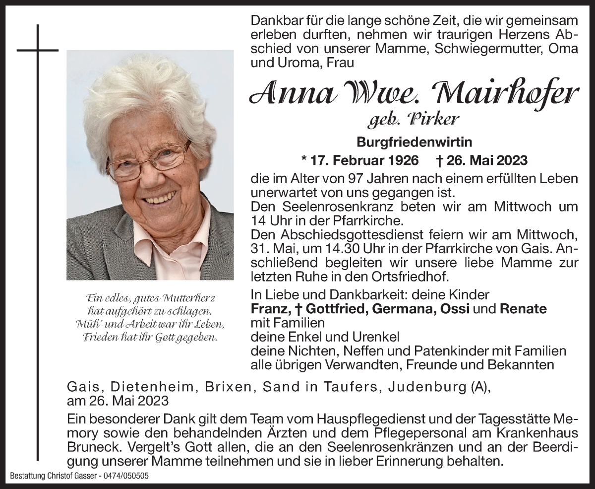 Traueranzeige für Anna Mairhofer vom 31.05.2023 aus Dolomiten