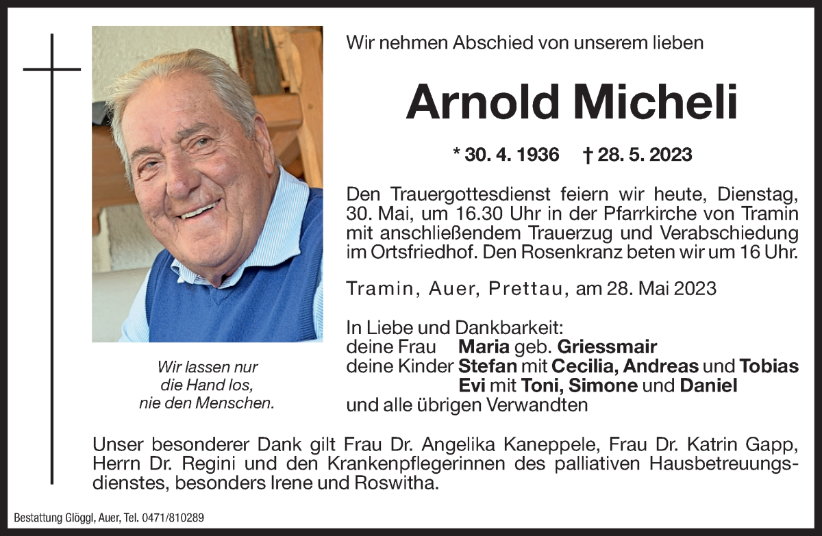  Traueranzeige für Arnold Micheli vom 30.05.2023 aus Dolomiten