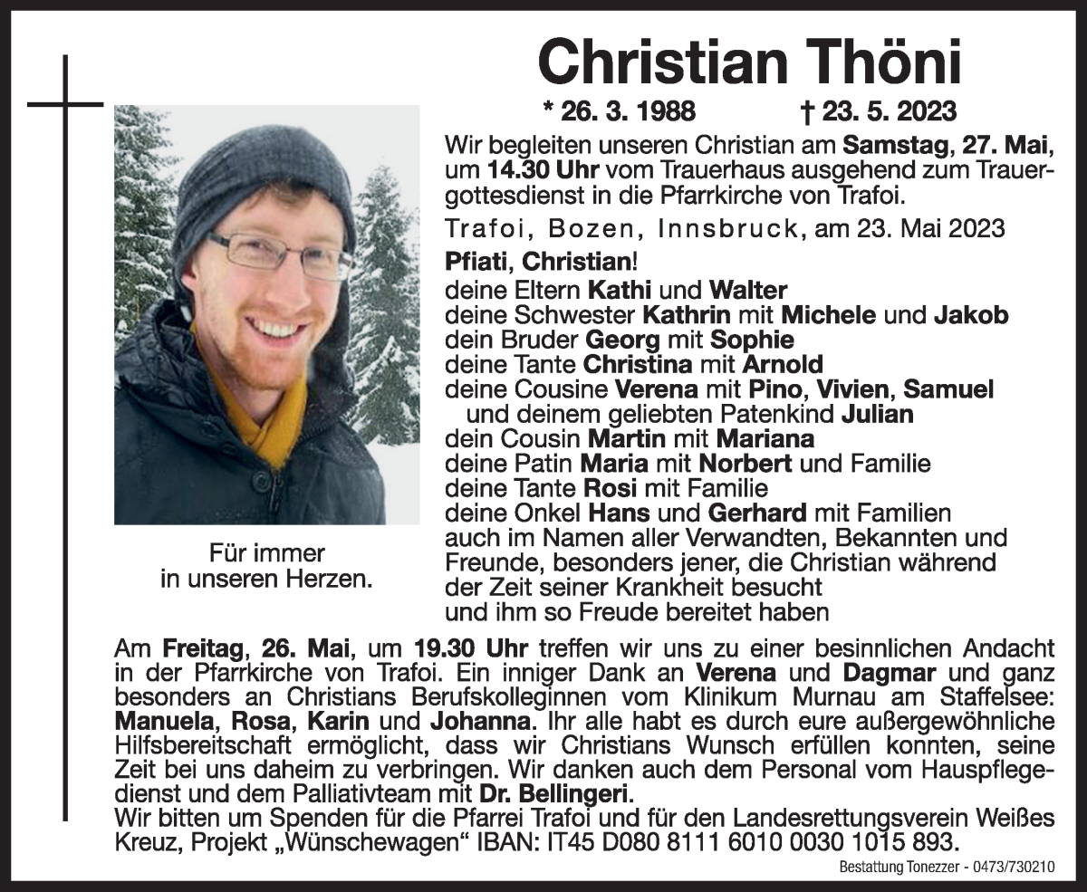  Traueranzeige für Christian Thöni vom 25.05.2023 aus Dolomiten