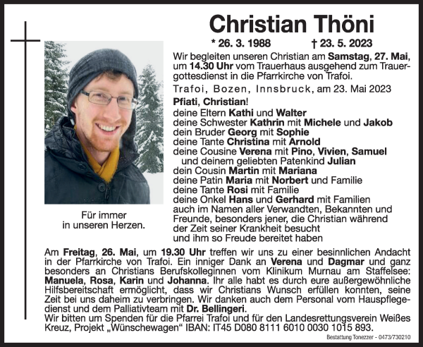 Traueranzeige von Christian Thöni von Dolomiten