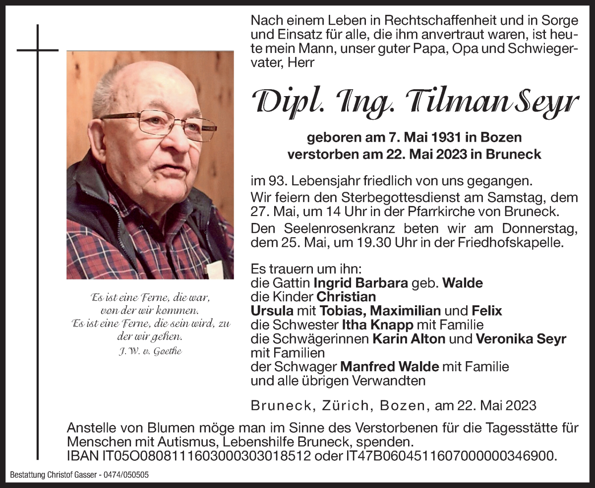  Traueranzeige für Dipl. Ing. Tilman Seyr vom 24.05.2023 aus Dolomiten