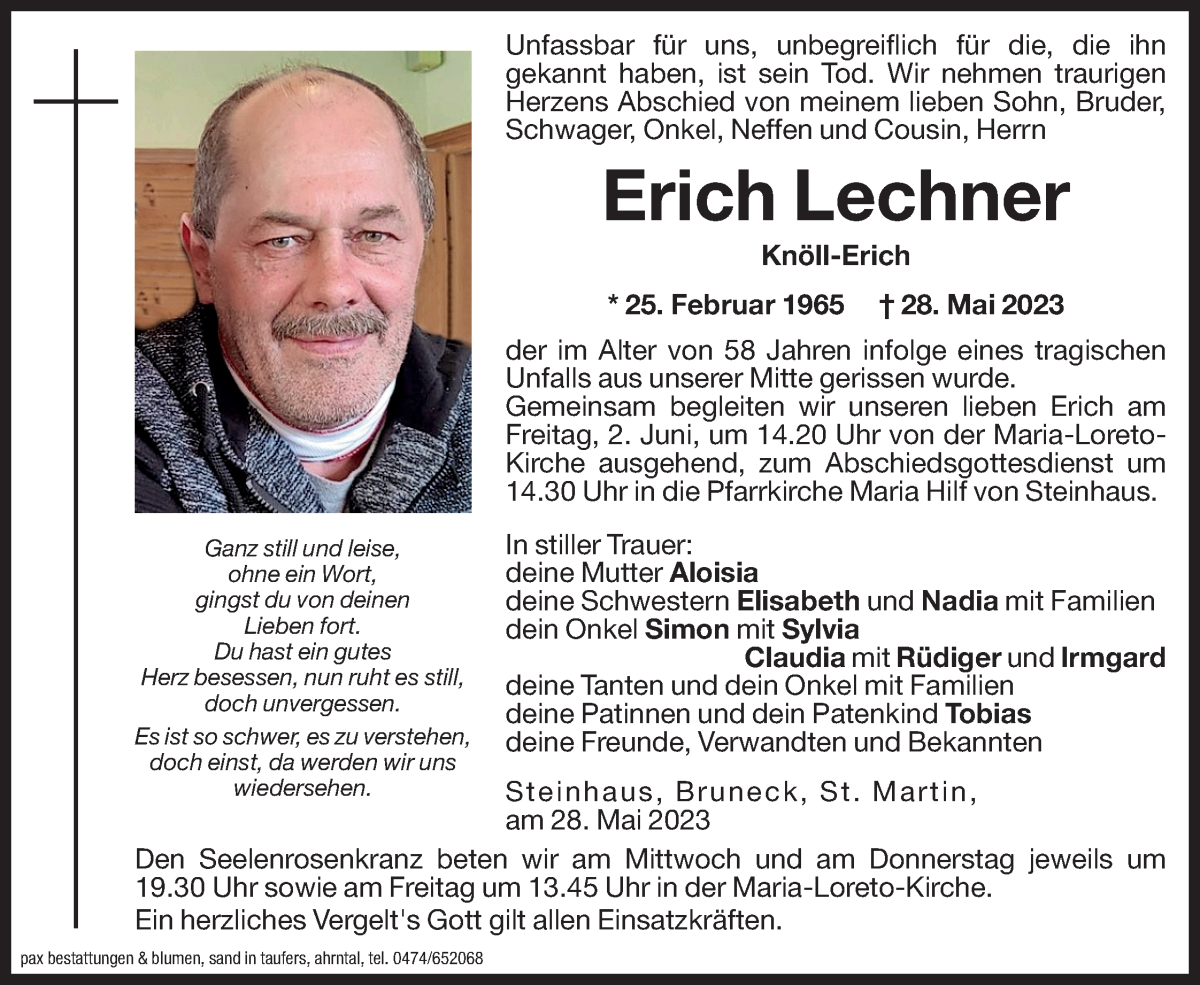 Traueranzeige für Erich Lechner vom 31.05.2023 aus Dolomiten