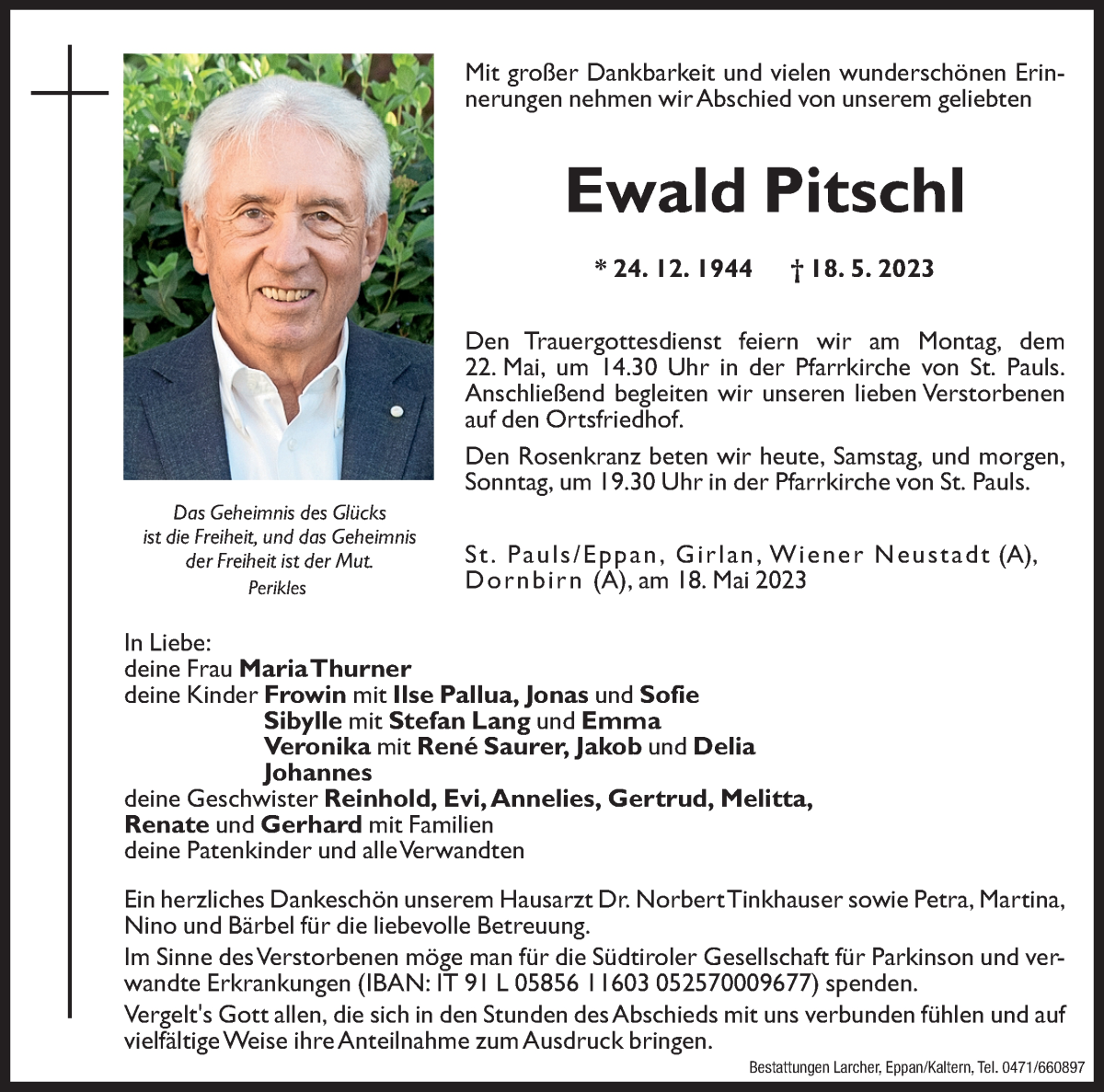  Traueranzeige für Ewald Pitschl vom 20.05.2023 aus Dolomiten