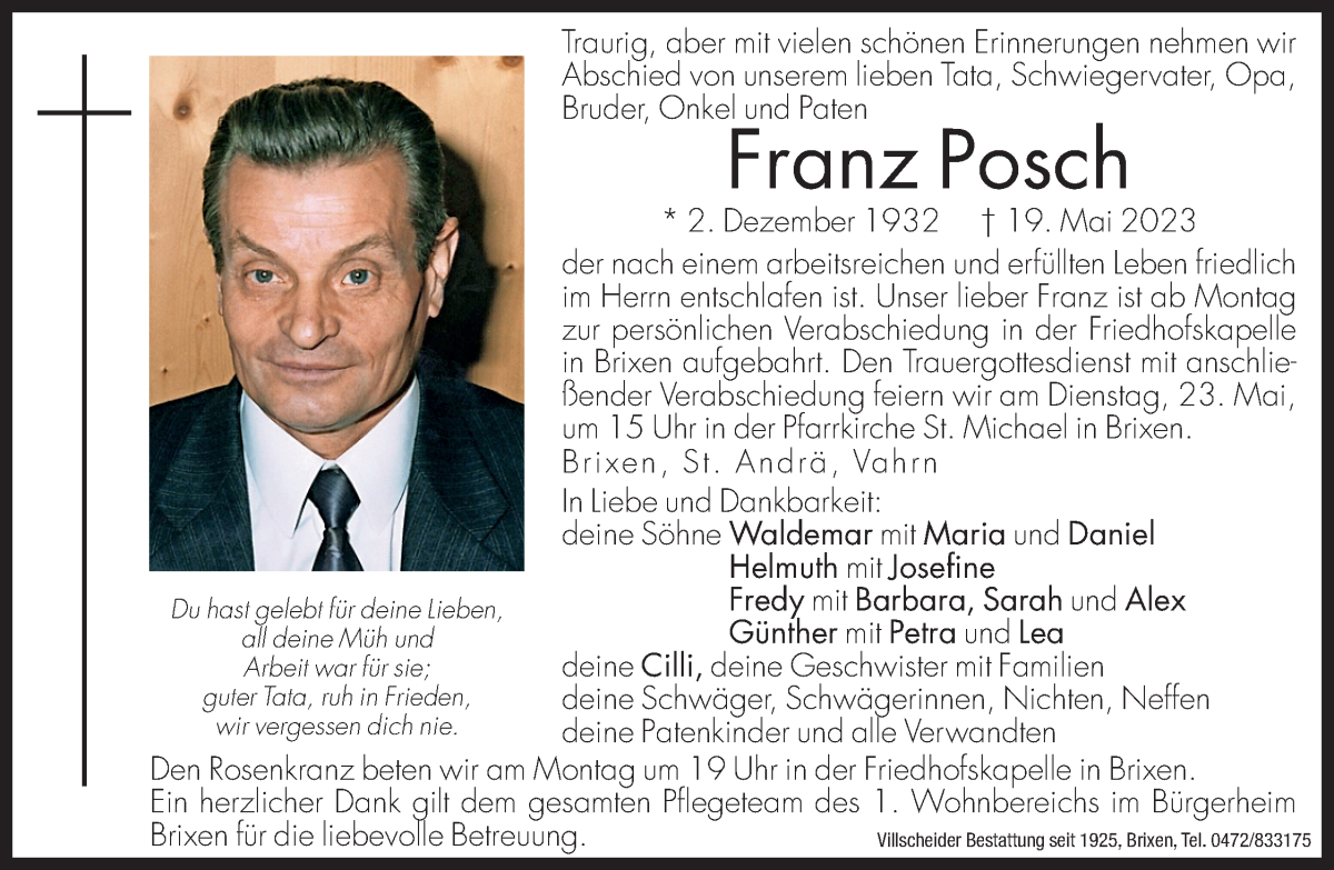  Traueranzeige für Franz Posch vom 20.05.2023 aus Dolomiten