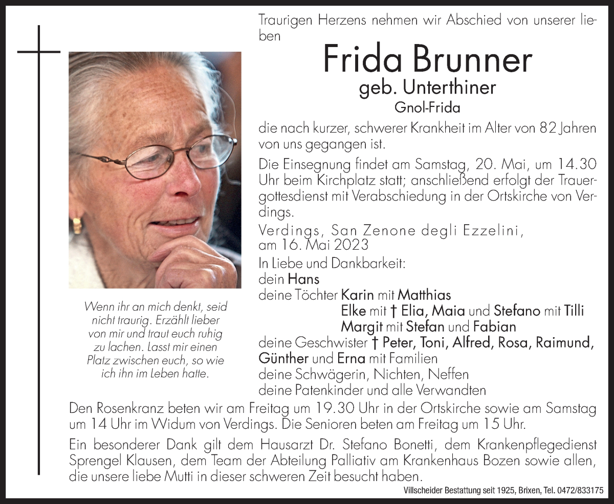  Traueranzeige für Frida Brunner vom 18.05.2023 aus Dolomiten