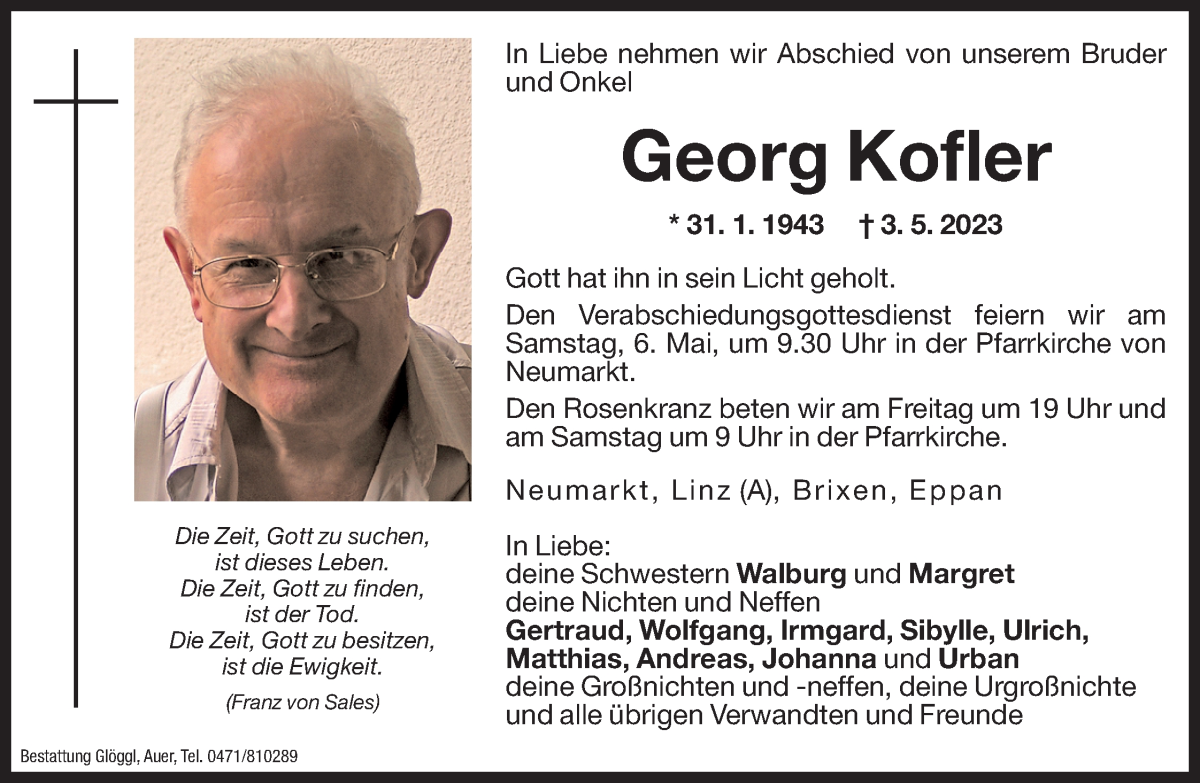  Traueranzeige für Georg Kofler vom 05.05.2023 aus Dolomiten