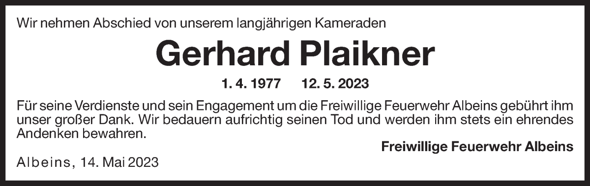  Traueranzeige für Gerhard Plaikner vom 15.05.2023 aus Dolomiten