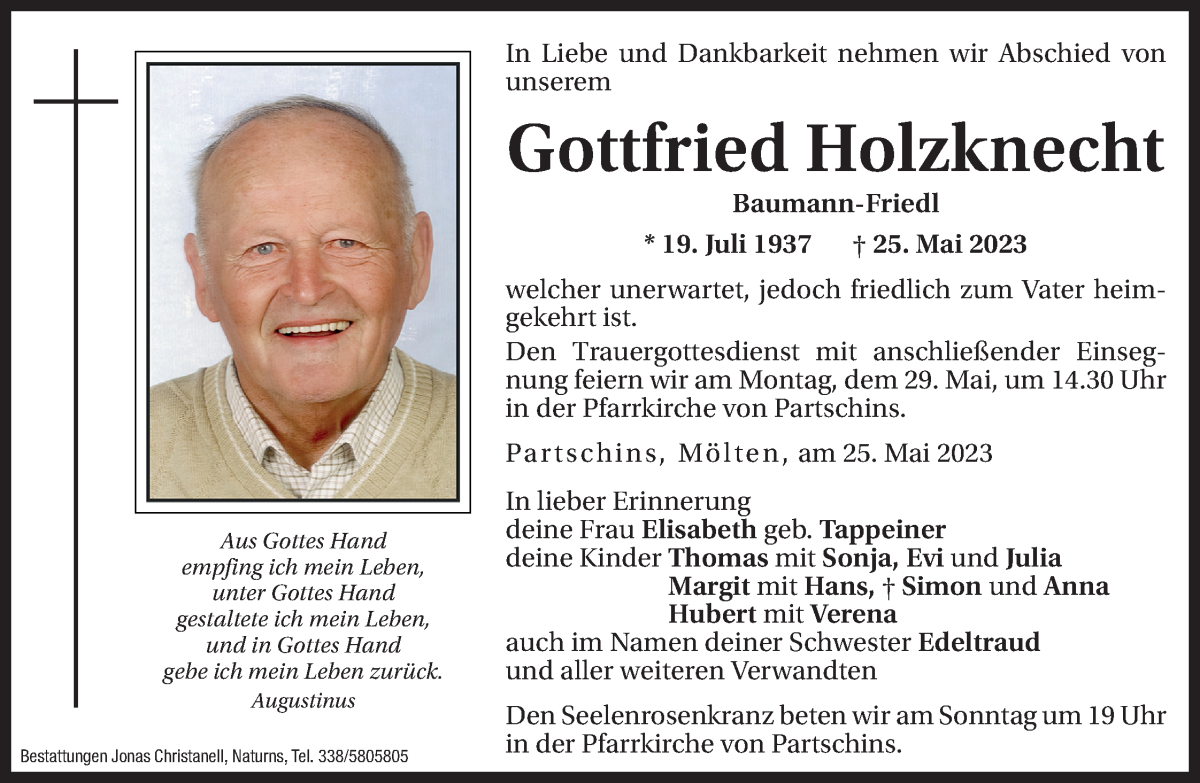  Traueranzeige für Gottfried Holzknecht vom 27.05.2023 aus Dolomiten