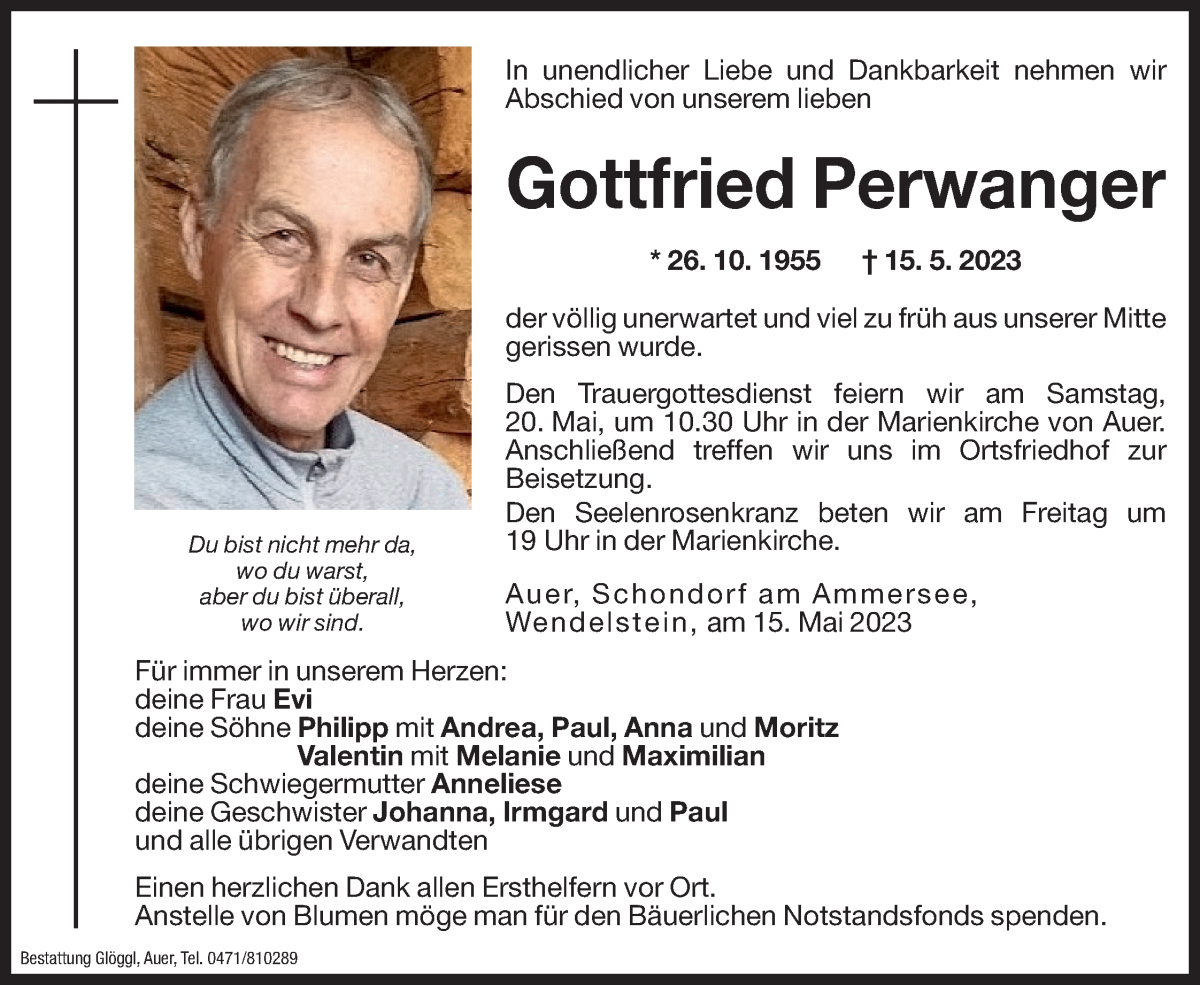  Traueranzeige für Gottfried Perwanger vom 18.05.2023 aus Dolomiten