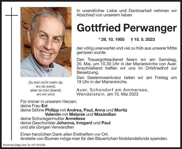 Traueranzeige von Gottfried Perwanger von Dolomiten